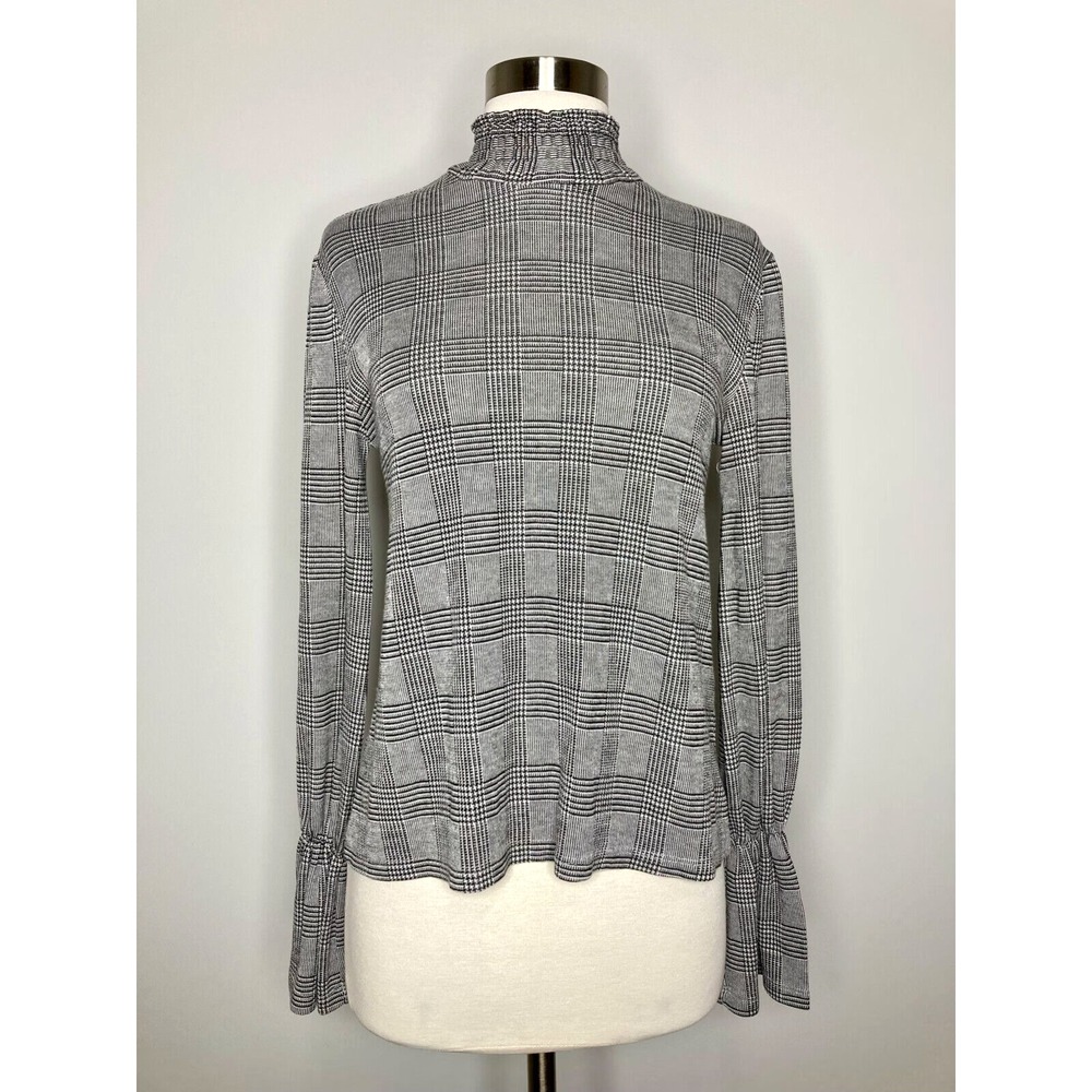 Zara Trafaluc Top Women Small Black White Plaid Turtleneck‎ Cinched Bell Sleeves